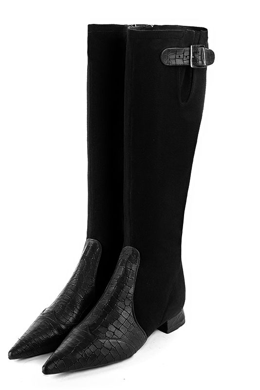 Satin black women's knee-high boots with buckles. Pointed toe. Flat flare heels. Made to measure - Florence KOOIJMAN